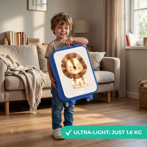 Leeuw illustratie met beige achtergrond Kinderkoffer - Blauw klein -sfeer2_EN