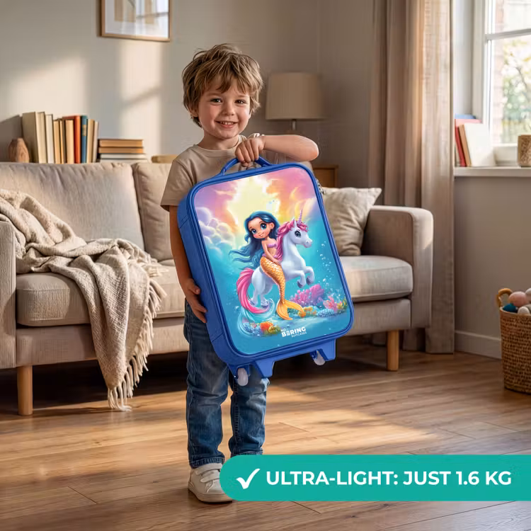 Zeemeermin met gouden staart met een witte eenhoorn Kinderkoffer - Blauw klein -sfeer2_EN
