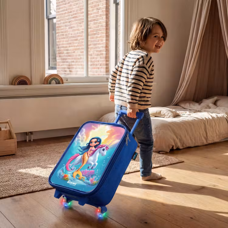 Zeemeermin met gouden staart met een witte eenhoorn Kinderkoffer - Blauw klein -sfeer1