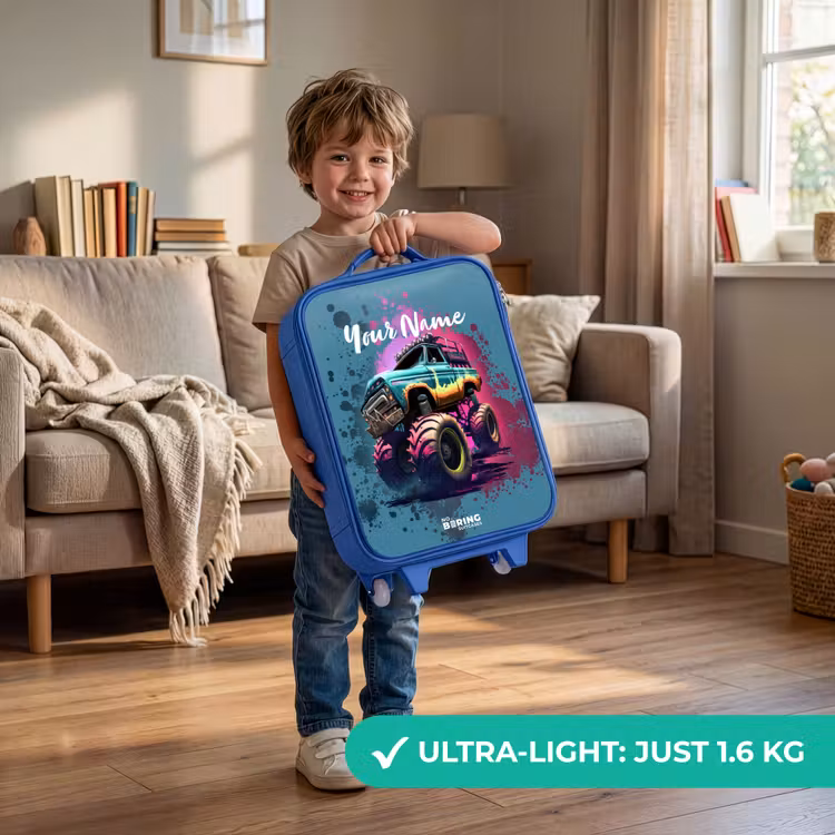Monster Wheels Kinderkoffer - Blauw klein -sfeer2_EN