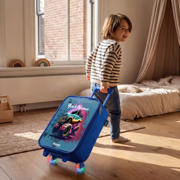 Monster Wheels Kinderkoffer - Blauw klein -sfeer1
