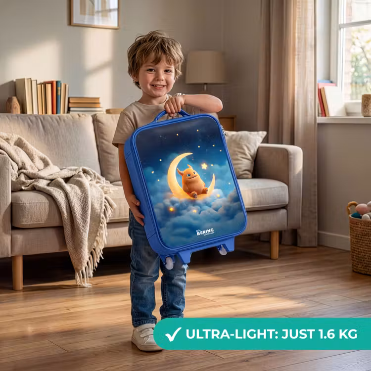 Oranje monster op maansikkel Kinderkoffer - Blauw klein -sfeer2_EN