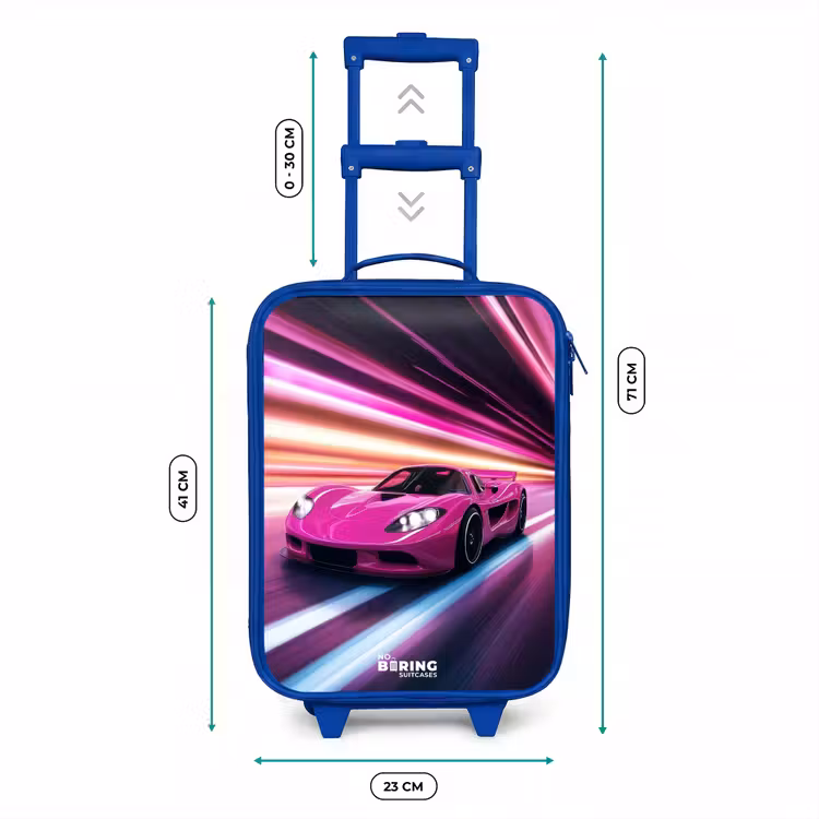 Roze raceauto flitst door neonlicht Kinderkoffer - Blauw klein -productfoto_formaten