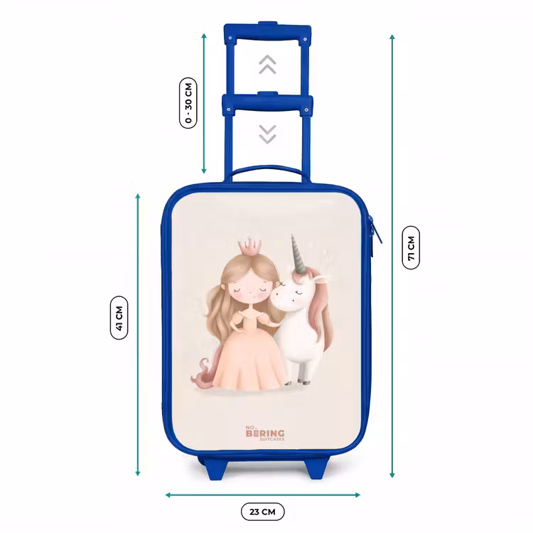 Prinses en een eenhoorn in pastel kleuren Kinderkoffer - Blauw klein -productfoto_formaten