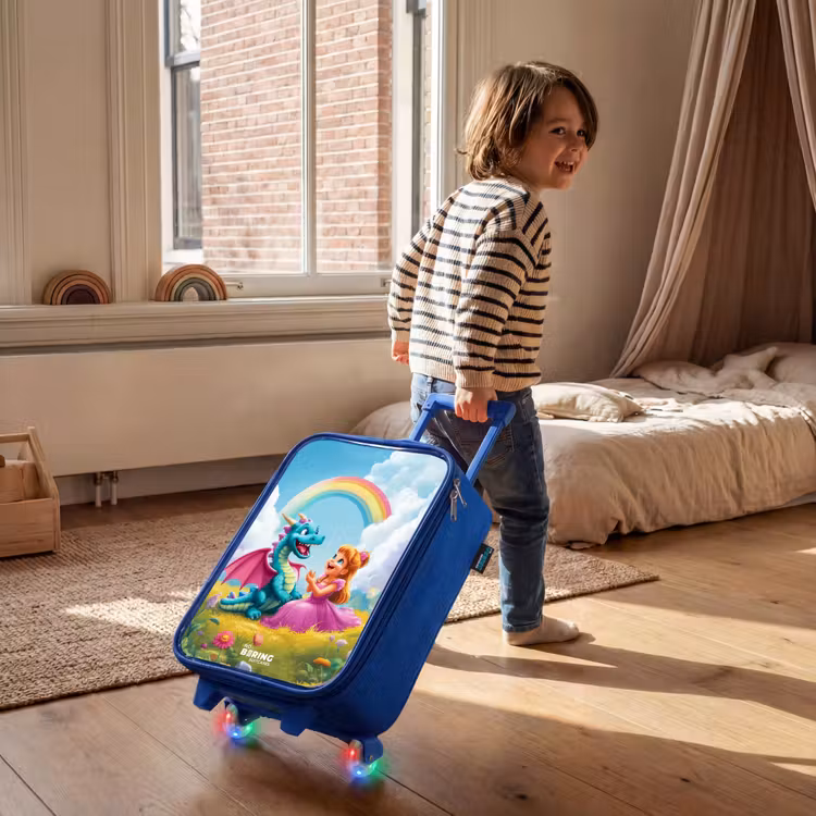Prinses en dino in een kleurrijke wereld Kinderkoffer - Blauw klein -sfeer1