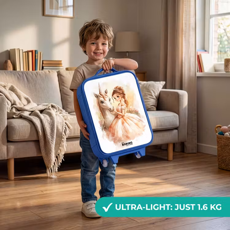 Prinses in jurk met witte eenhoorn Kinderkoffer - Blauw klein -sfeer2_EN