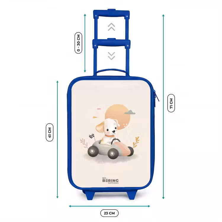 Puppy in een raceauto in beige kleuren Kinderkoffer - Blauw klein -productfoto_formaten