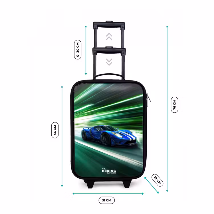 Blauwe raceauto met strepen in groene tunnel Kinderkoffer - Zwart klein -productfoto_formaten