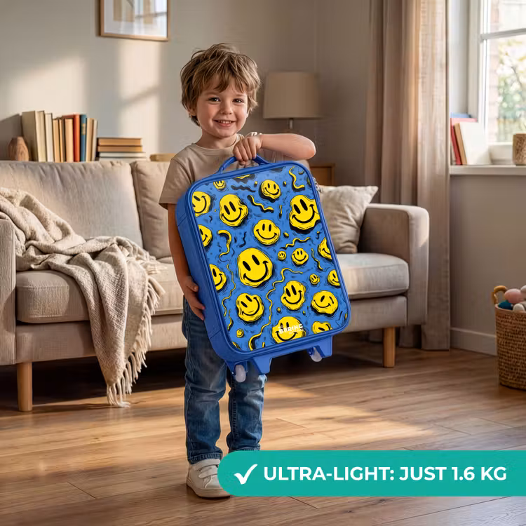 Smiley - Geel - Blauw Kinderkoffer - Blauw klein -sfeer2_EN
