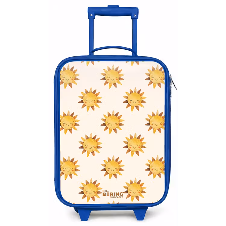 Lachende zonnetjes als patroon op beige achtergrond Kinderkoffer - Blauw klein -zz3dotto