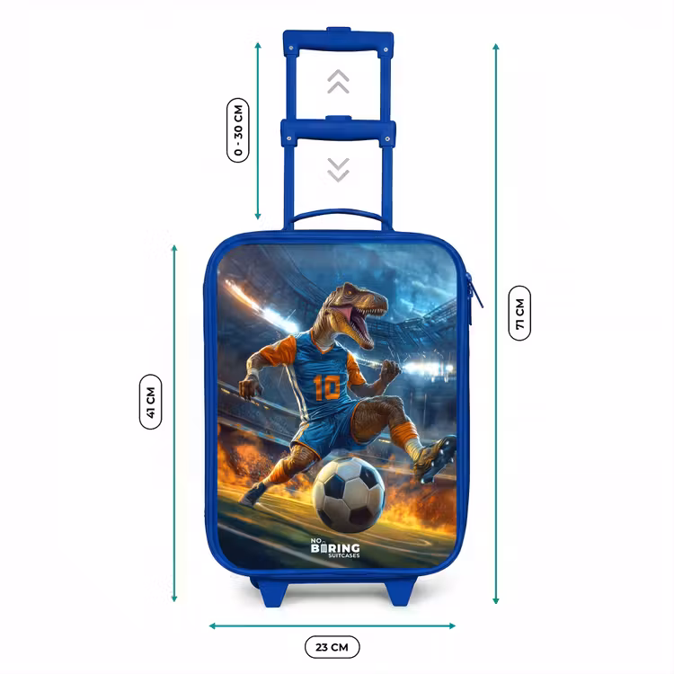 T-Rex als voetballer in vol stadion Kinderkoffer - Blauw klein -productfoto_formaten