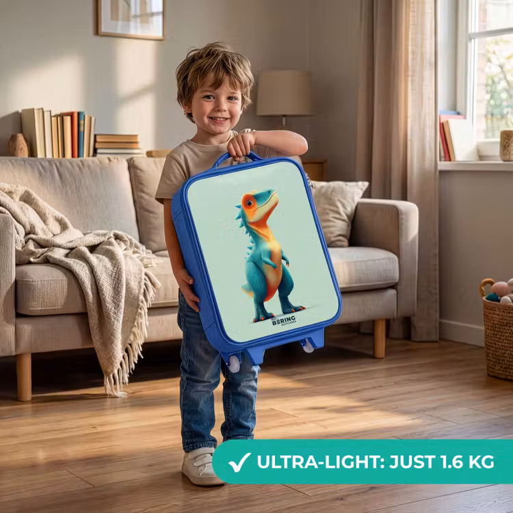 Stoere dino met grote ogen Kinderkoffer - Blauw klein -sfeer2_EN