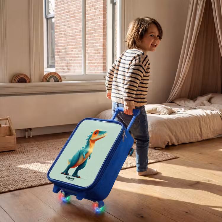 Stoere dino met grote ogen Kinderkoffer - Blauw klein -sfeer1