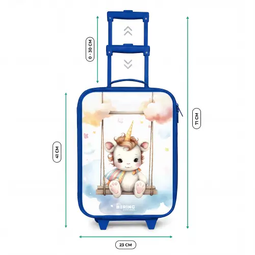 Witte baby eenhoorn op een schommel in de wolken Kinderkoffer - Blauw klein -productfoto_formaten
