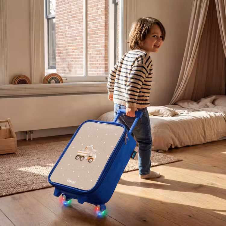 Gele kiepwagen met stenen en stippenpatroon Kinderkoffer - Blauw klein -sfeer1