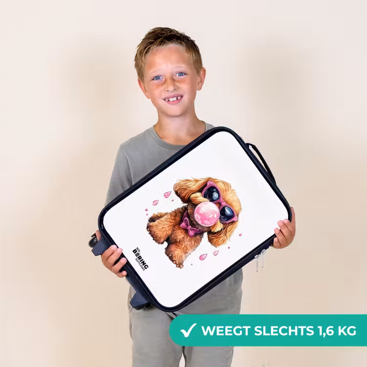 Bruine hond met roze bril en kauwgombal Kinderkoffer - Zwart klein -sfeer4_NL