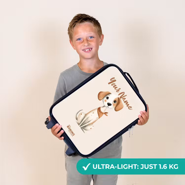 Bruin gevlekte pup op een beige achtergrond Kinderkoffer - Zwart klein -sfeer4_UK