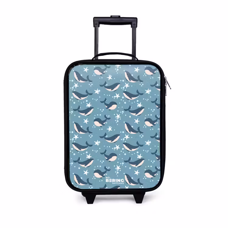 Donkerblauw walvissenpatroon met zeesterren Kinderkoffer - Zwart klein -3d