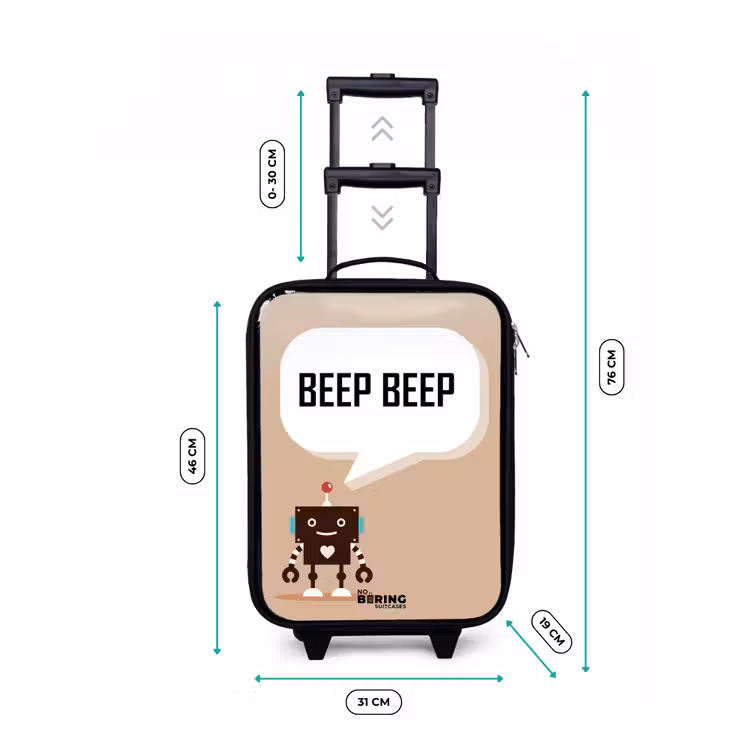 Donkerbruine robot met een tekst Kinderkoffer - Zwart klein -productfoto_formaten