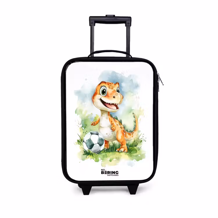Dino met voetbal in kleurrijk veld Kinderkoffer - Zwart klein -3d