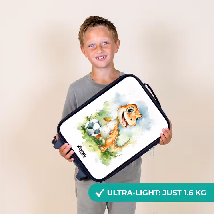 Dino met voetbal in kleurrijk veld Kinderkoffer - Zwart klein -sfeer4_UK