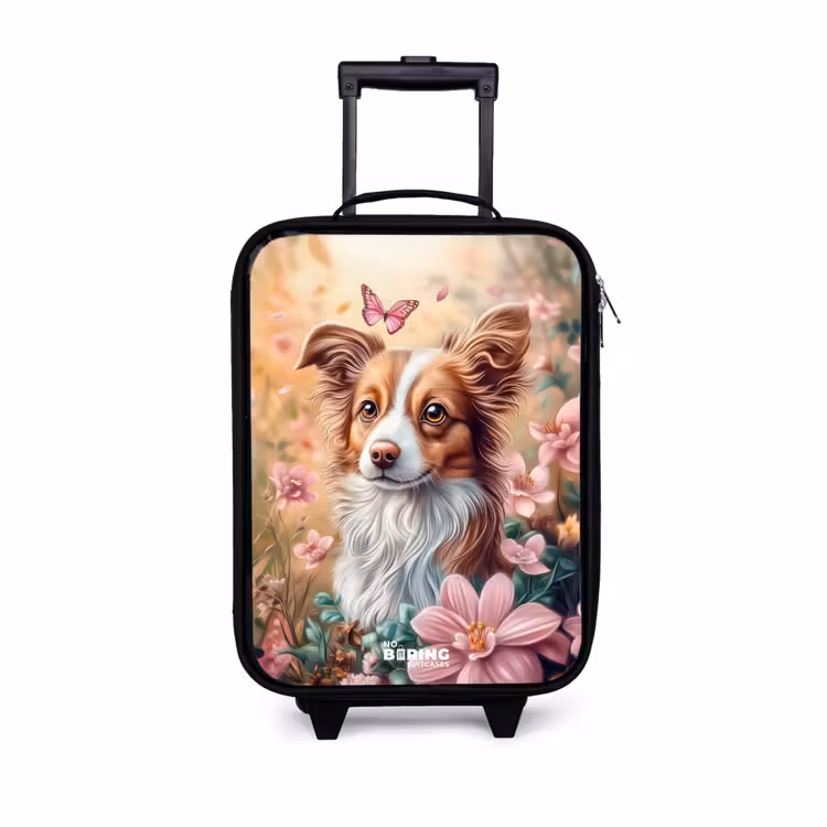Hond in bloemenveld met vlinders Kinderkoffer - Zwart klein -3d