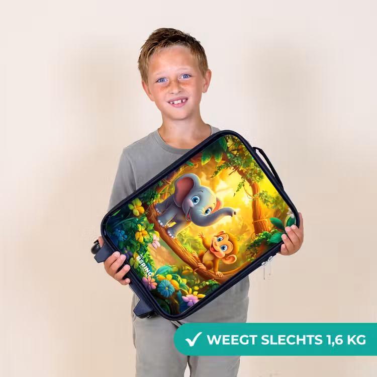 Olifant en aapje in kleurrijke jungle Kinderkoffer - Zwart klein -sfeer4_NL