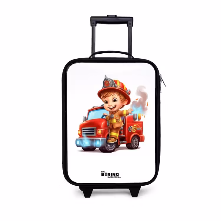 Brandweer in een rood brandweerautootje Kinderkoffer - Zwart klein -3d