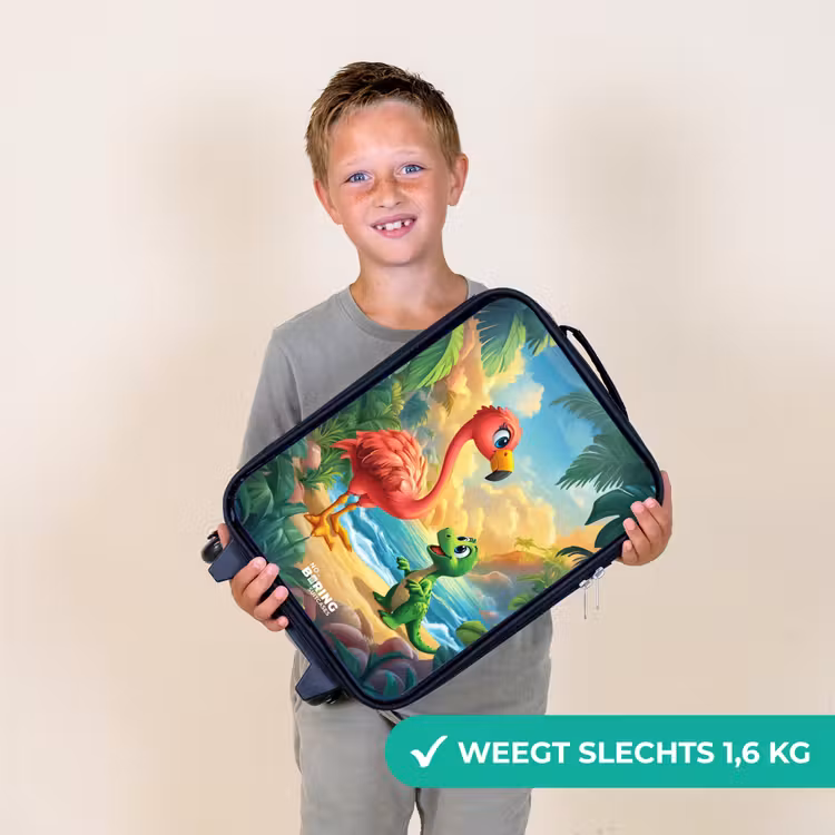 Flamingo en dinosaurus op strand bij ondergaande zon Kinderkoffer - Zwart klein -sfeer4_NL