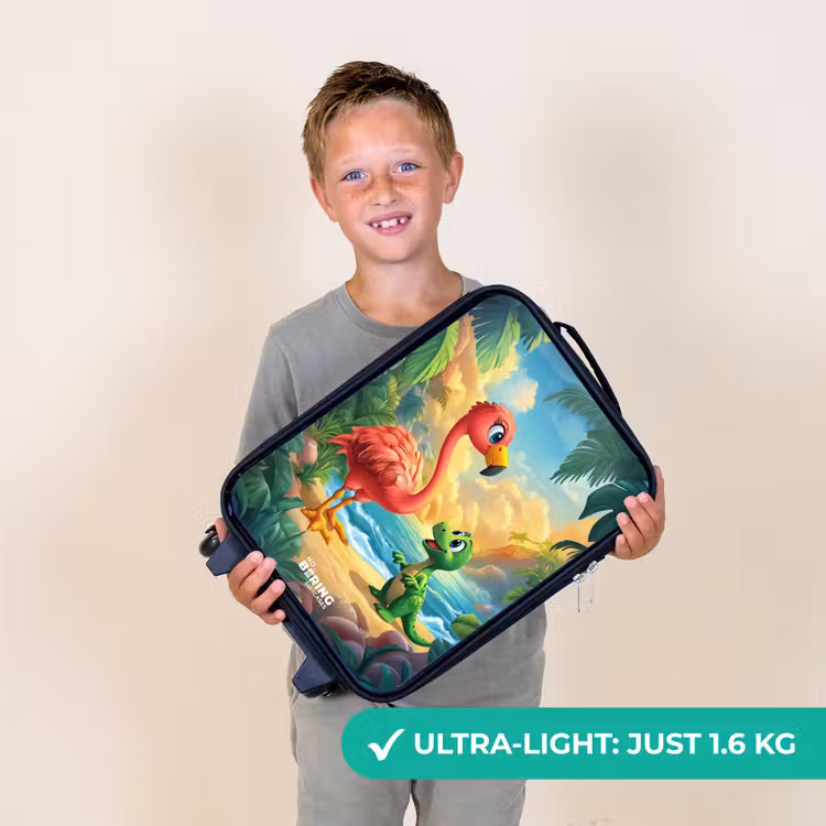Flamingo en dinosaurus op strand bij ondergaande zon Kinderkoffer - Zwart klein -sfeer4_UK