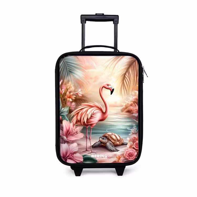 Flamingo en schildpad op een roze strand. Kinderkoffer - Zwart klein -3d
