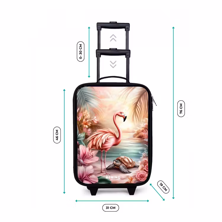 Flamingo en schildpad op een roze strand. Kinderkoffer - Zwart klein -productfoto_formaten