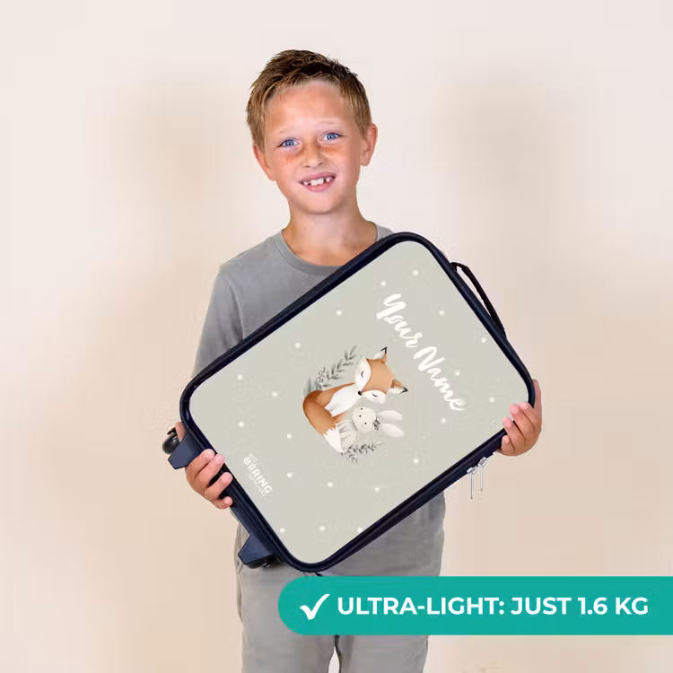 Vos en konijn omringd door groene blaadjes en stippen Kinderkoffer - Zwart klein -sfeer4_UK