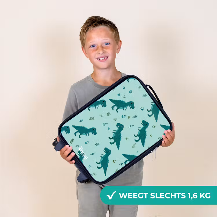 Vriendelijke T. rex tussen sporen Kinderkoffer - Zwart klein -sfeer4_NL