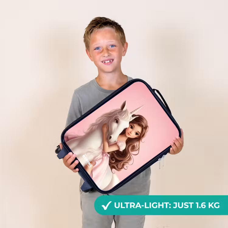 Meisje met witte eenhoorn op roze achtergrond Kinderkoffer - Zwart klein -sfeer4_UK