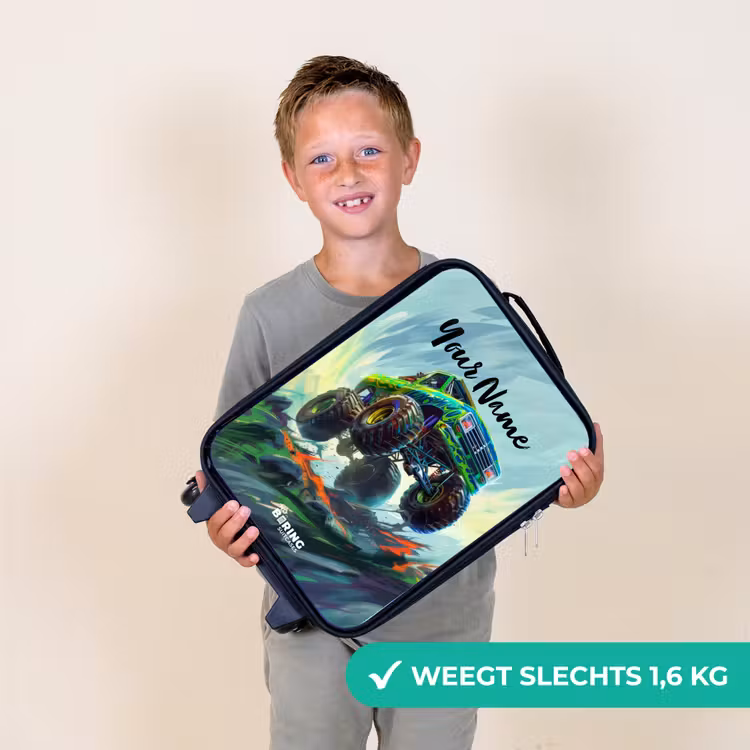 Groene Monstertruck met Penseelstreken Kinderkoffer - Zwart klein -sfeer4_NL