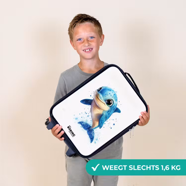 Blije dolfijn met waterdruppels op wit Kinderkoffer - Zwart klein -sfeer4_NL