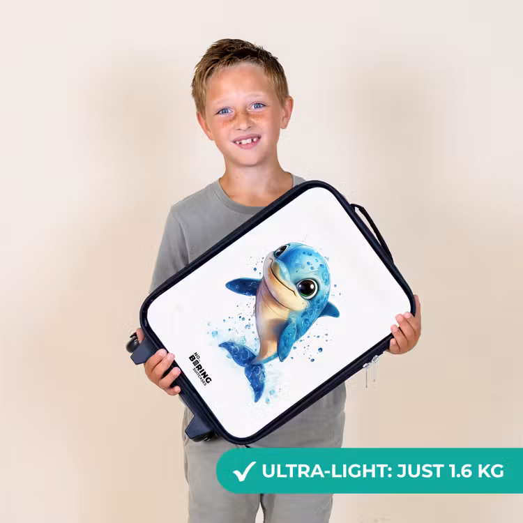 Blije dolfijn met waterdruppels op wit Kinderkoffer - Zwart klein -sfeer4_UK
