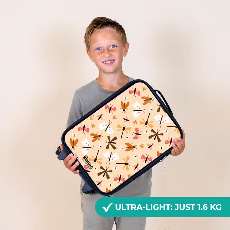 Insectenpatroon in bruin, roze en oranje op beige achtergrond Kinderkoffer - Zwart klein -sfeer4_UK