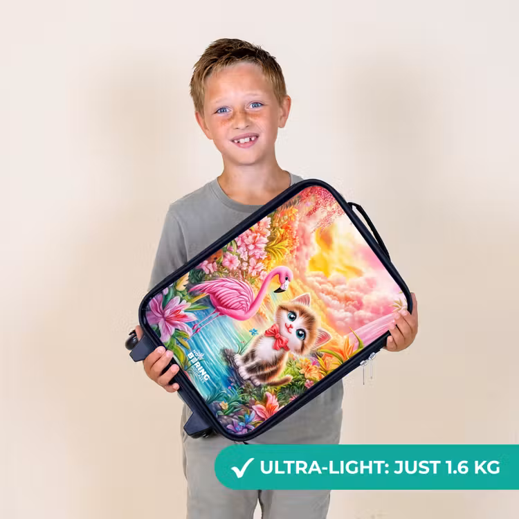 Kitten met flamingo in tropisch bloemenparadijs Kinderkoffer - Zwart klein -sfeer4_UK