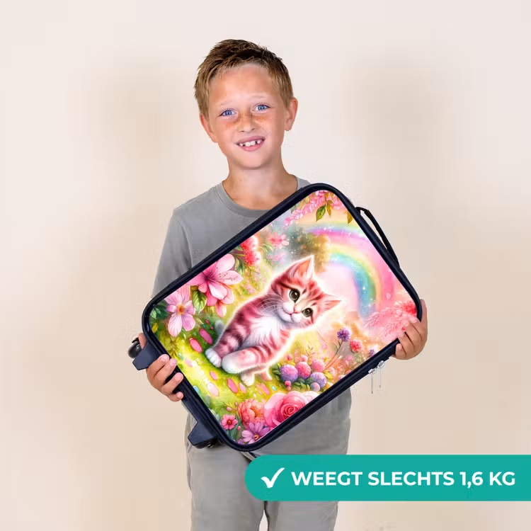 Kitten met regenboog en bloemen Kinderkoffer - Zwart klein -sfeer4_NL