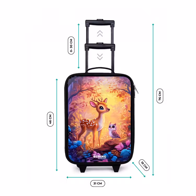 Hertje en uil in een roze sprookjesbos Kinderkoffer - Zwart klein -productfoto_formaten