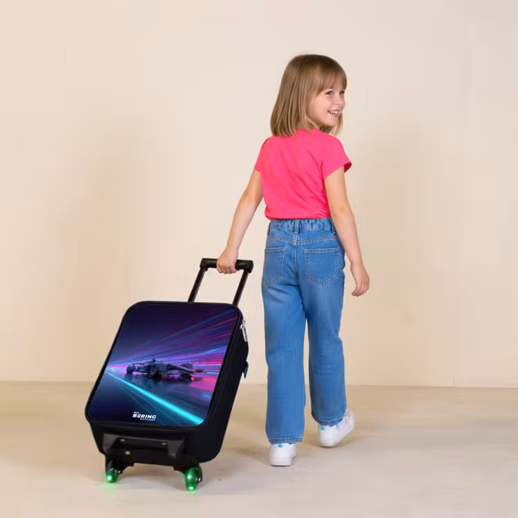 Neon - Raceauto - Lichtstrepen - Paars Kinderkoffer - Zwart klein -sfeer1