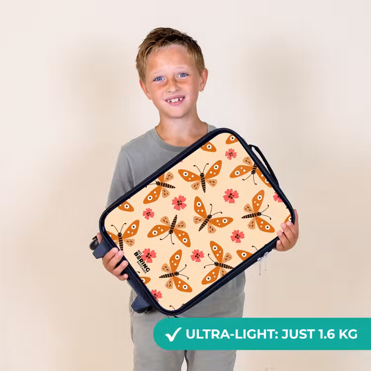 Oranje vlinders en roze bloemen op beige achtergrond Kinderkoffer - Zwart klein -sfeer4_UK