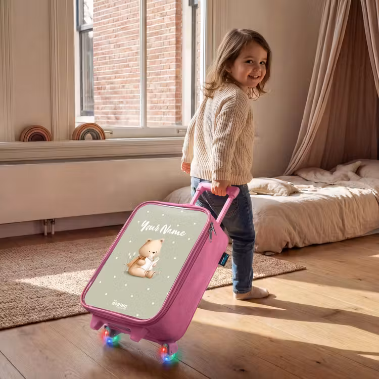 Een bruine beer die een boek leest - Groen Kinderkoffer - Roze klein -sfeer1