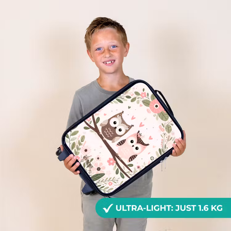 Roze en bruine uil zitten samen op een tak Kinderkoffer - Zwart klein -sfeer4_UK