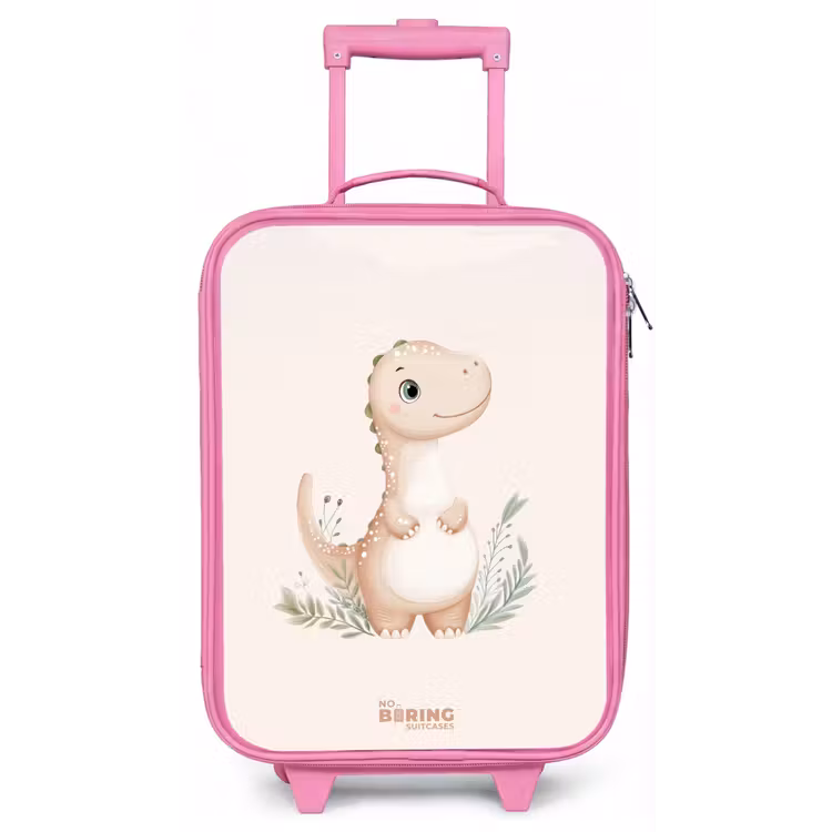 Beige dinosaurus met groene blaadjes Kinderkoffer - Roze klein -zz3dotto