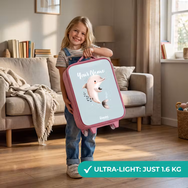 Beige dolfijn in blauw water Kinderkoffer - Roze klein -sfeer2_EN