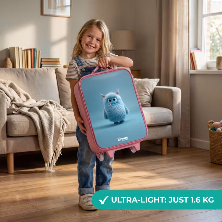 Blauw pluizig monster met hoorns Kinderkoffer - Roze klein -sfeer2_EN