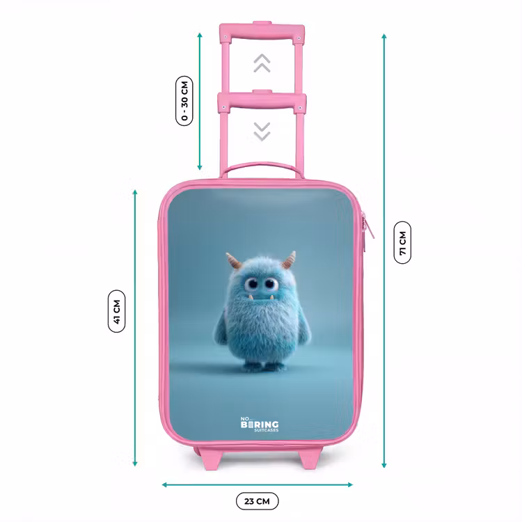 Blauw pluizig monster met hoorns Kinderkoffer - Roze klein -productfoto_formaten